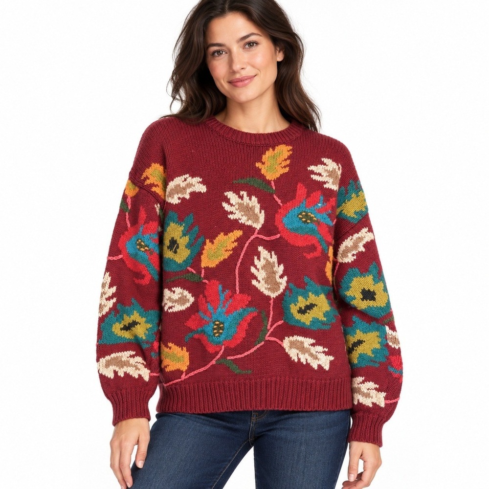 Vintage Le Moda Sweater Ramie Cotton Womens M Burgundy Floral Embroidered Knit